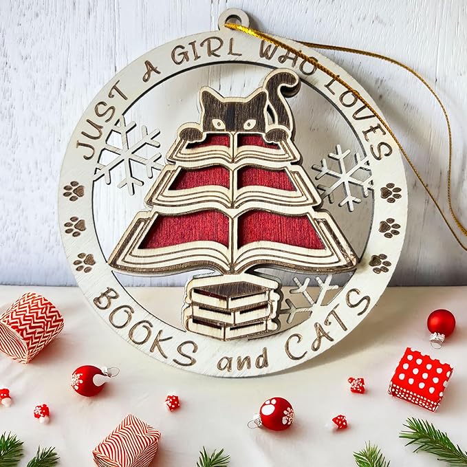 A Girl Loves Books and Cats Ornament – Cute Wooden Christmas Ornament for Cat Lovers, Readers, and Book Enthusiasts – Perfect or Keepsake