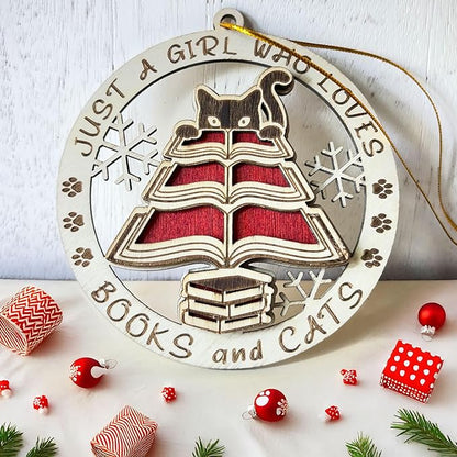 A Girl Loves Books and Cats Ornament – Cute Wooden Christmas Ornament for Cat Lovers, Readers, and Book Enthusiasts – Perfect or Keepsake