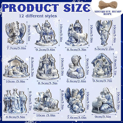 Suzile 36 Pcs Christmas Wooden Ornaments Nativity Scene Tree Decorations Vintage Blue and White Chinoiserie Christian Religion Hanging Decorations for Tree Wreaths Xmas Hanging Wood Cutouts for Home