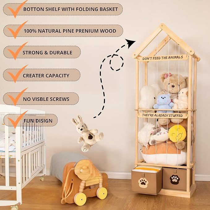 Best Stuffed Animals Storage with Foldable Basket For Playroom & Nursery, Kids Stuffed Animal Zoo storage cage, Plush Toy Organizer, Plushies Storage, Stuffy Zoo, Extra Large Stuffed Animal Holder