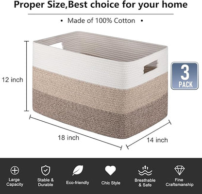 OIAHOMY Rectangle Woven Storage Basket - Nursery Cotton Rope Baskets for Storage For Living Room, Toy and Blanket Organizing, 18"x14"x12"- Pack of 3 - Gradient Yellow