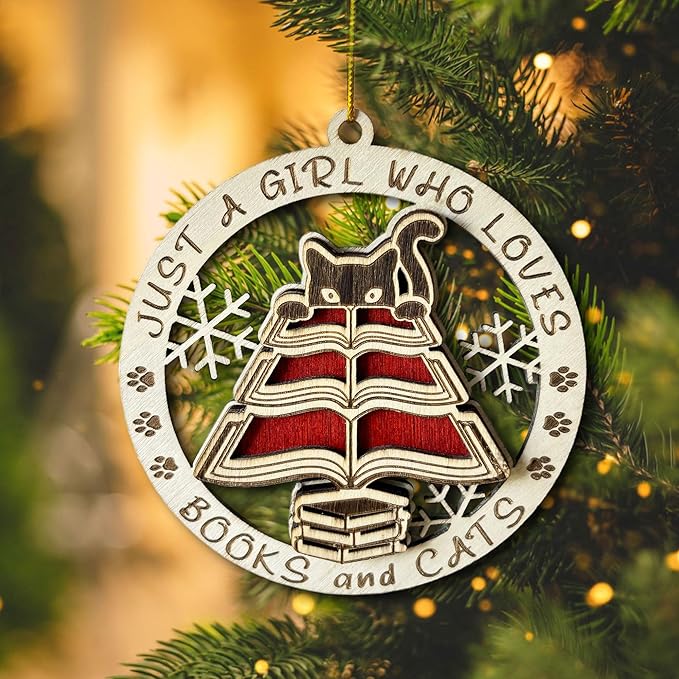 A Girl Loves Books and Cats Ornament – Cute Wooden Christmas Ornament for Cat Lovers, Readers, and Book Enthusiasts – Perfect or Keepsake