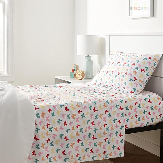 Amazon Basics Kid's Soft Easy-Wash Lightweight Microfiber 3-Piece Sheet Set, Toddler, Multi Colour, Butterflies
