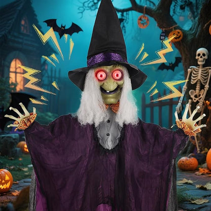Prsildan 6.6FT Hanging Witch Halloween Decorations Outdoor, Animated Talking Witches with Color-Changing LED Eyes & Scary Sounds, Touch & Sound Sensor Halloween Decor for Yard Porch Haunted House