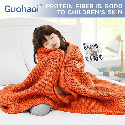 Knitted Weighted Blanket(Orange 50"x60" 10lbs),Home Décor Cooling Throw Blanket for Hot Sleepers,Hand Made Chunky Knit Heavy Blanket or Adults Use on Twin Size Bed