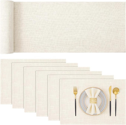 homing Cotton Linen Placemats Set of 6 and Table Runner 90" Long, Cream Washable Cloth Place Mats with Table Runner for Indoors & Outdoors, Easy to Clean