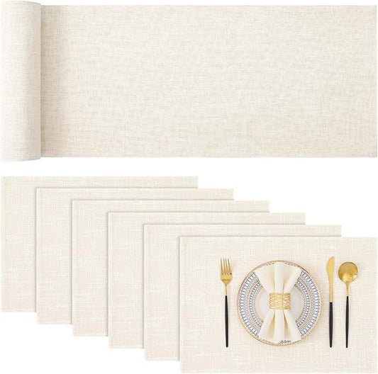 homing Cotton Linen Placemats Set of 6 and Table Runner 90" Long, Cream Washable Cloth Place Mats with Table Runner for Indoors & Outdoors, Easy to Clean