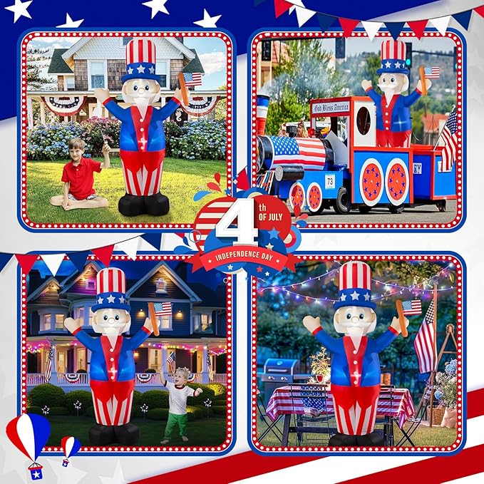 4th of July Inflatable Uncle Sam Decorations, 6FT Fourth of July Decorations Patriotic Independence Day Inflatable Built-in LED Lights for Memorial Day Celebrations Outdoor Yard Garden Decor