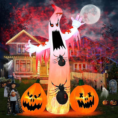 Kesfitt 8FT Halloween Inflatables Decorations Outdoor Ghost Built-in 2 Flame Flashing Projection Light,Blow Up Yard Inflatables with Pumpkin Spider for Outside Halloween Patio Party Garden Decorations