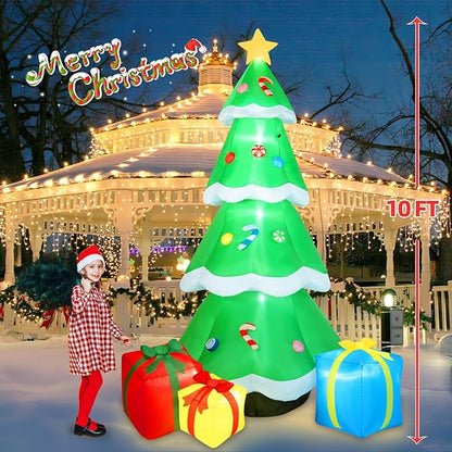B&D 10FT Giant Inflatable Christmas Tree with Gift Box, Built-in LEDs - Outdoor Decoration for Holiday Party & Garden Lawn