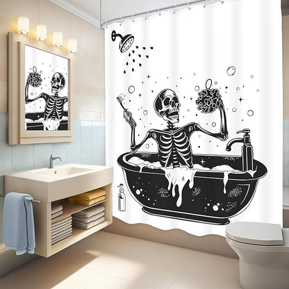 LGhtyro Funny Skull Halloween Shower Curtain Bathroom Set 60Wx71H Inches Black White Gothic Skeleton Bathing in Bathtub Spooky Cool Bath Accessories for Men Boys Art Home Decor Fabric 12 Pack Hooks