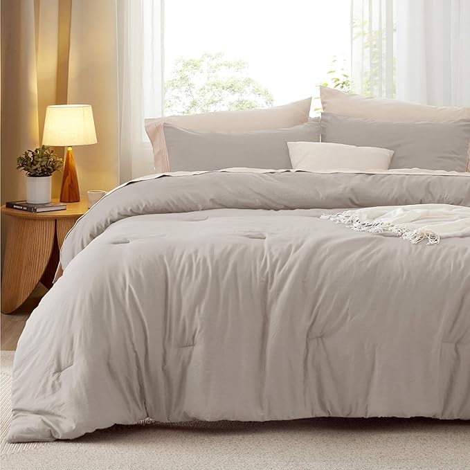 Bedsure Queen Size Comforter Set, Linen Soft Prewashed Bedding for All Seasons, 3 Pieces GentleSoft™ Warm Down Alternative Bed Set, 1 Lightweight Comforter (90"x90") and 2 Pillowcases (20"x26")