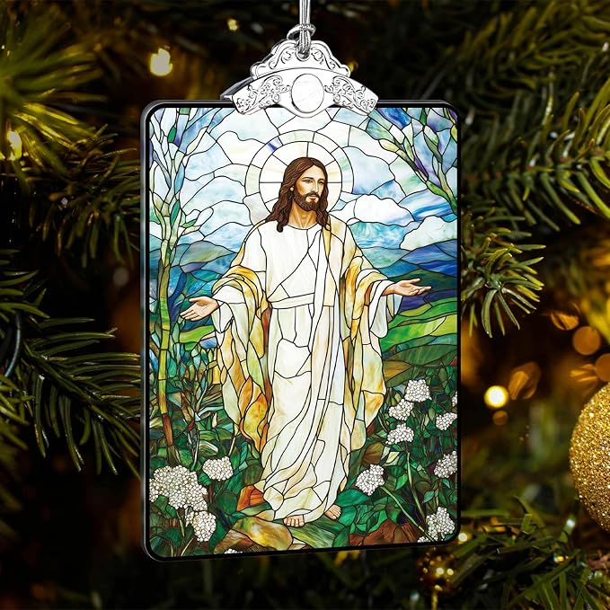 Jesus Stained Glass Ornament, 2025 Christmas Tree Hanging Decoration for Gift Exchange or Stocking Stuffer, Religious Holiday Decor, 3.8 x 2.4 Inch