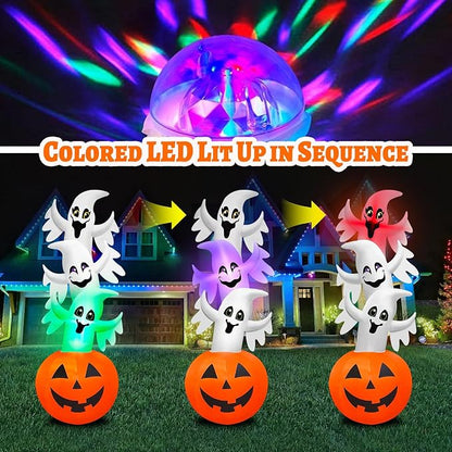 10.3FT Halloween Inflatable Overlap Ghost Decoration, Three Blow up Ghosts Jumped Out of Halloween Pumpkin Built-in Colorful LED for Halloween Inflatables Outdoor Decoration Party Yard Decor