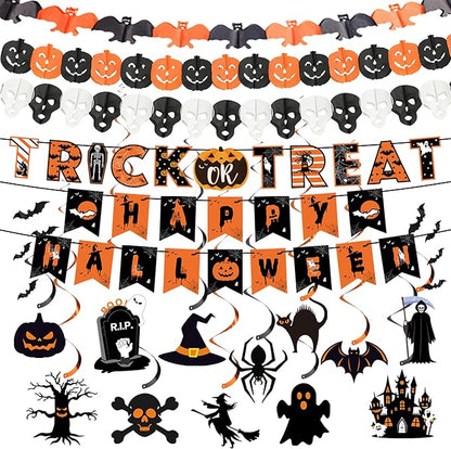 18 Pcs Halloween Party Decorations, Reusable Halloween Decor Indoor, Decorations Kit Included Happy Halloween Banner, Trick or Treat Banner, Ghost Pumpkin Ceiling Hanging Swirls Streamers