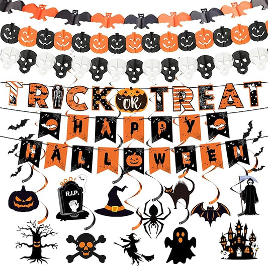 18 Pcs Halloween Party Decorations, Reusable Halloween Decor Indoor, Decorations Kit Included Happy Halloween Banner, Trick or Treat Banner, Ghost Pumpkin Ceiling Hanging Swirls Streamers