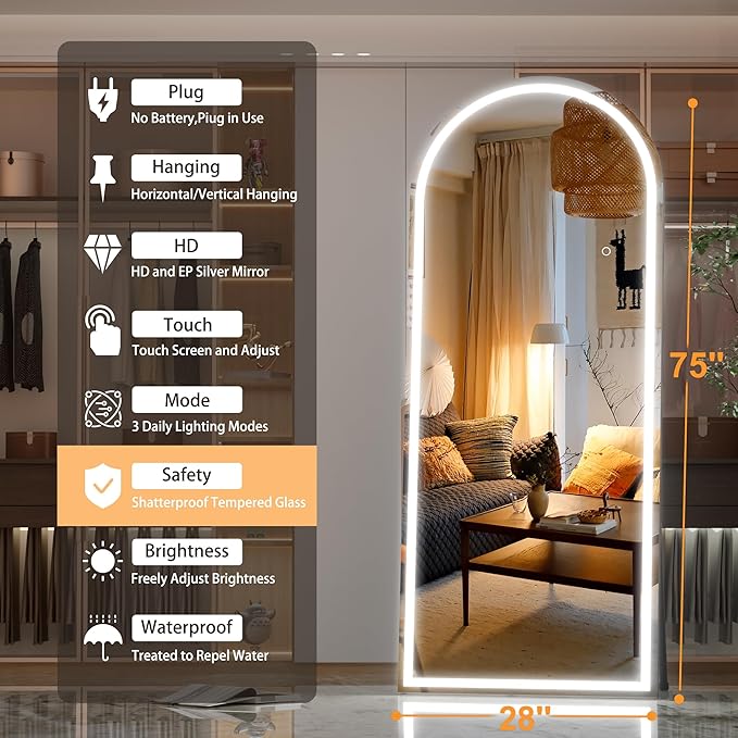 Hasipu 75" x 28" Led Mirror Full Length, Full Length Mirror with Lights Arch Design,Tempered Glass,Shatter-Proof, Dimming & 3 Color Modes for Bedroom Cloakroom-UL