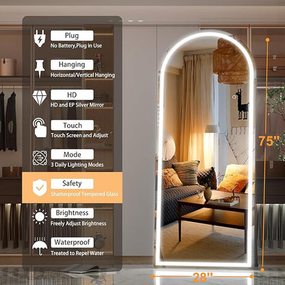 Hasipu 75" x 28" Led Mirror Full Length, Full Length Mirror with Lights Arch Design,Tempered Glass,Shatter-Proof, Dimming & 3 Color Modes for Bedroom Cloakroom-UL
