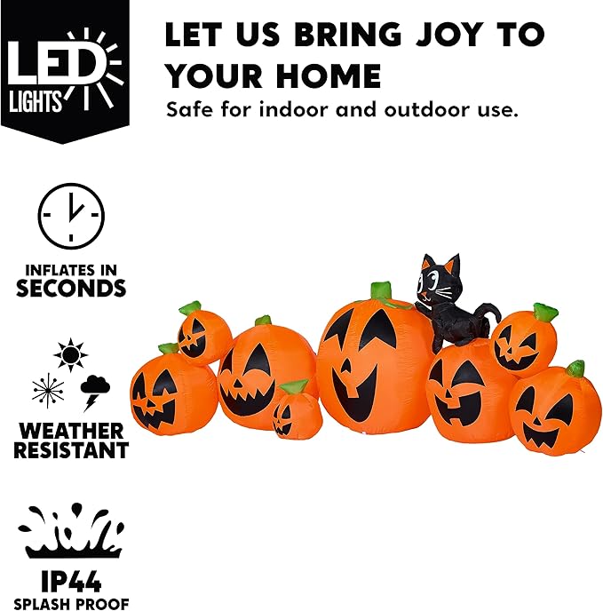 Joiedomi 10 FT Long Halloween Inflatables Outdoor Decorations, Blow Ups Inflatable Pumpkin for Yard with Witch's Cat, 8 Pcs Blow Up Pumpkin Decor for Halloween Decorations Outside