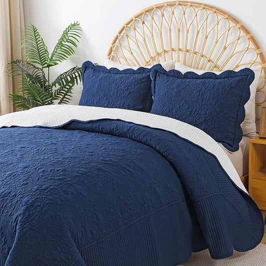 HoneiLife California King Quilt - Oversized King Bedspreads 128x120, 4-Piece Cal King Quilt Sets,Rustic Bedding Sets King Size,Reversible Coverlets Lightweight Bed Cover for All Season Use-Navy