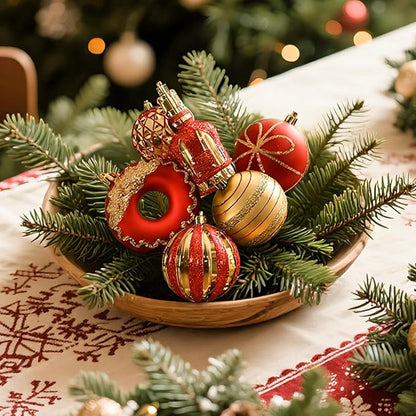 SHareconn 70pcs 2025 Classic Christmas Balls Ornaments Set, Shatterproof Plastic Baubles, Ribbon and Tree Topper for Xmas Tree Holiday Wedding Party Decorations with Hanging Strings, Red and Gold