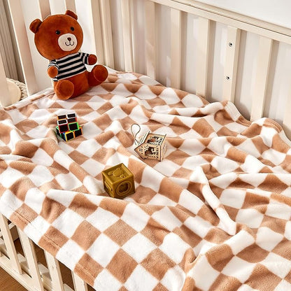 Checkered Baby Blanket Fleece Baby Blankets Neutral for Boys Girls, Super Soft Warm Lightweight Infant Toddler Newborn Receiving Blankets for Crib Stroller, 30''x40'', Khaki