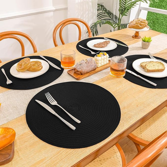 SHACOS Black Round Placemats Set of 12 Heavy Cotton Polyester Woven Braided Place Mats Washable Heat Resistant Non Slip Table Mats