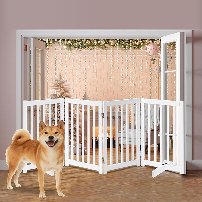 LZRS Solid Hardwood Freestanding Pet Gate, White, 30" Height-4 Panels, Dog, All Ages, Wood