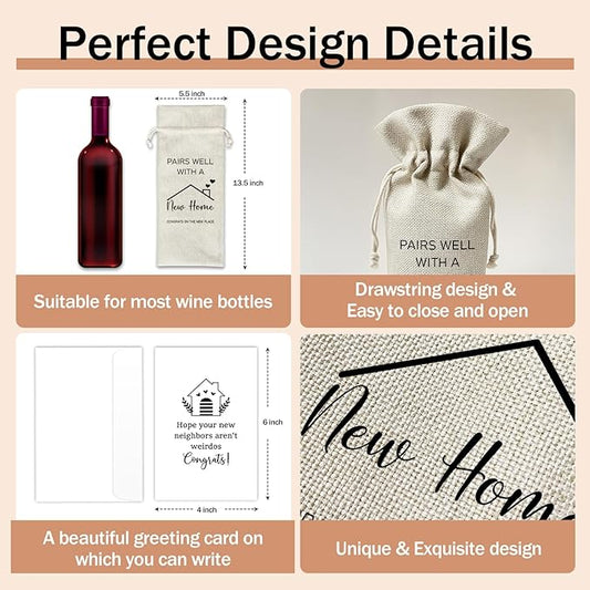 Housewarming Wine Gift Bags & Card, First New Home House Gifts for Women Men Wife Husband Friend Home Owner, 1 pcs Reusable Burlap Wine Gift Bags for Wine Bottles, Housewarming Party Decor Favor -34