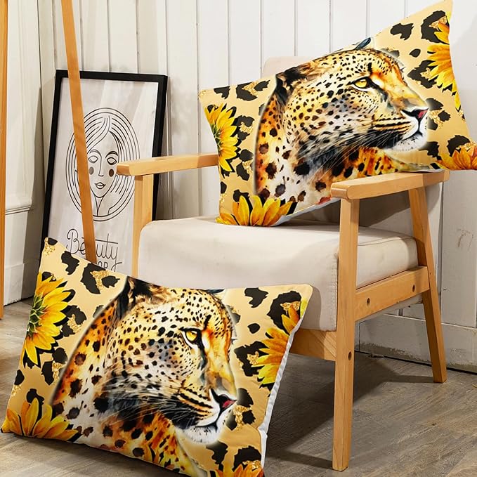 AILONEN Leopard Fitted Sheet Set for Boys, 3 Pieces Full Yellow Sunflower and Animal Cheetah Leopard Printed Fitted Sheet Set for Kids Adults,1 Fitted Sheet with 2 Pillowcases