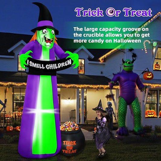 8Ft Halloween Inflatables Witch Outdoor Decorations with Candy Cauldron, Scary Blow Up Witch Holds I Smell Children Banner, Inflatable Halloween Build-in LEDs for Party Yard Lawn Garden Decor