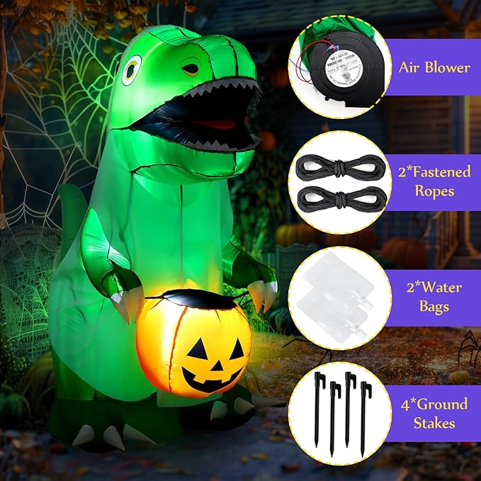 6 FT Halloween Inflatables Dinosaur Outdoor Decorations Ghost Dinosaur with Pumpkin Inflatables Decoration with Built in LEDs for Halloween Party Yard Lawn Garden Decor