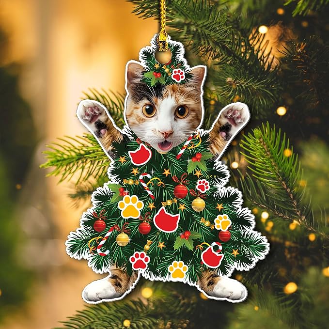 Calico Cat Christmas Tree Topper - Adorable Cat Dressed as a Tree - Festive Holiday Decoration