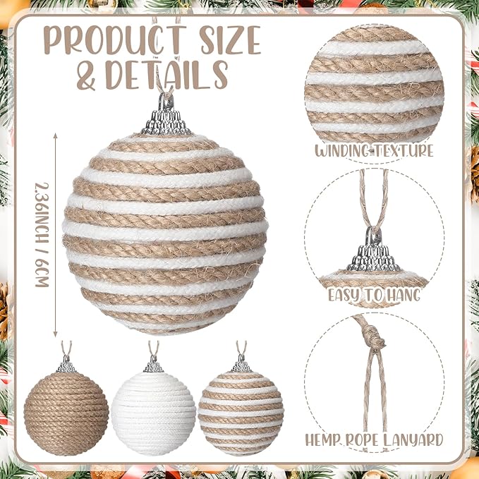 Syhood 9 Pcs 2.36 Inch Christmas Ball Ornaments Boho Farmhouse Jute Rope Hanging Balls Burlap Neutral Rustic Ornaments for Xmas Tree Holiday Wreath Garland Wedding Home(Linen, Cream White)