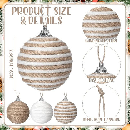 Syhood 9 Pcs 2.36 Inch Christmas Ball Ornaments Boho Farmhouse Jute Rope Hanging Balls Burlap Neutral Rustic Ornaments for Xmas Tree Holiday Wreath Garland Wedding Home(Linen, Cream White)