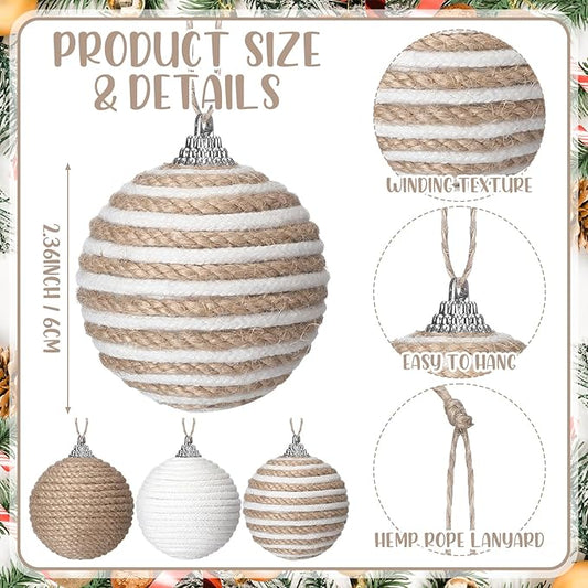 Syhood 9 Pcs 2.36 Inch Christmas Ball Ornaments Boho Farmhouse Jute Rope Hanging Balls Burlap Neutral Rustic Ornaments for Xmas Tree Holiday Wreath Garland Wedding Home(Linen, Cream White)