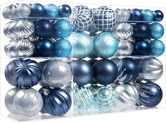 100Pcs Christmas Ball Ornaments Set, Assorted Shatterproof Christmas Ornament, Christmas Tree Theme Hanging Decoration for Xmas Tree Holiday/Party/Home Decor (Blue & Silver)