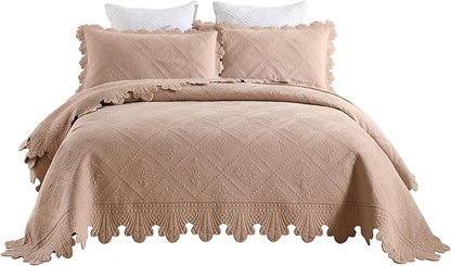 MarCielo 3-Piece 100% Cotton Oversized Bedspread Lightweight Quilt Coverlet Embroidery Farmhouse Bedding Set (TK Pale Taupe Camel, Oversized King (118"x106"))