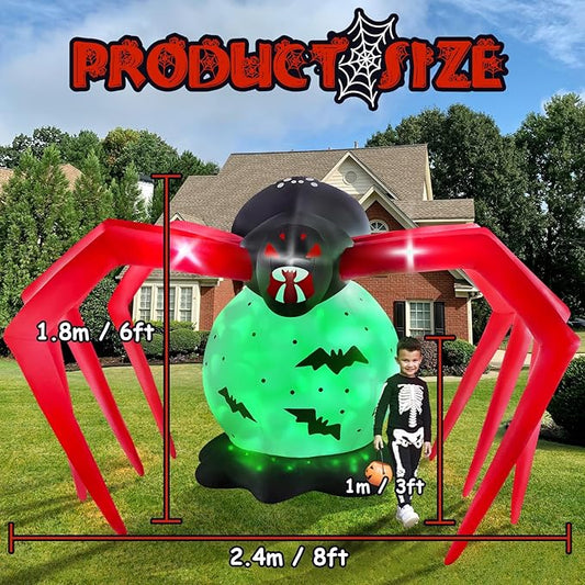 Kalolary 8FT Halloween Inflatable Spider Outdoor Decoration Blow Up Yard Decoration Scary Spider Inflatable with Built-in Green Flashing Light for Garden Lawn Indoor Outdoor Party Decor