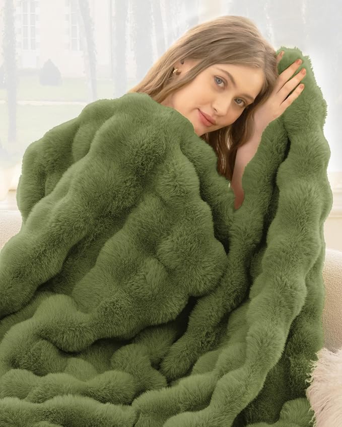 Ultra Soft Cozy Faux Fur Throw Blanket, Fuzzy Plush Thick Bubble Blanket, Oversize Luxury Fluffy Blanket for Couch, Bed, and Living Room, 60x80 Inches, Sage