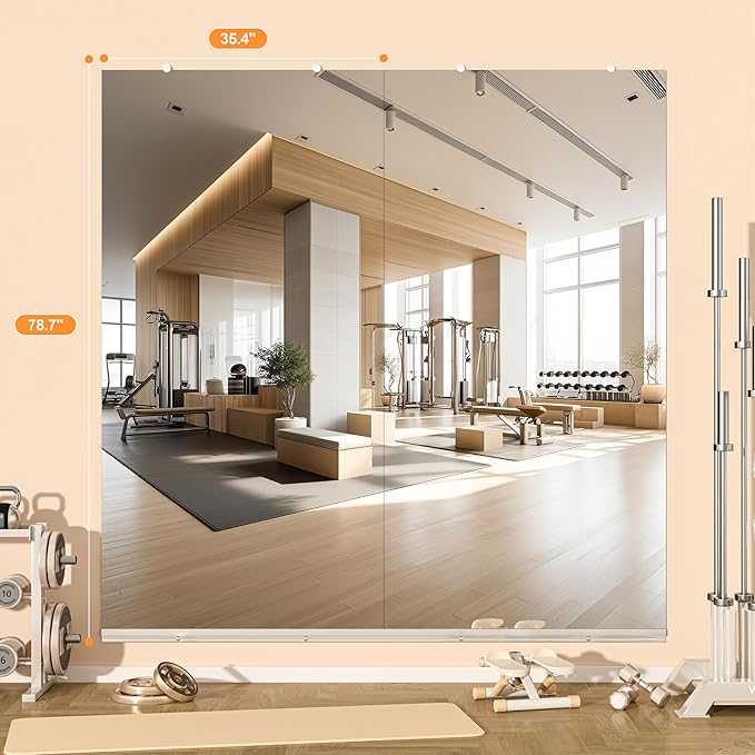 Hasipu Home Gym Mirror, 79"x36" Each, 1-Pack Frameless Wall Mounted Mirrors with Glass Clamps & Aluminum Rail, Large Body Mirror for Home Gym, Yoga Studio, Bedroom, Silver Tempered Glass