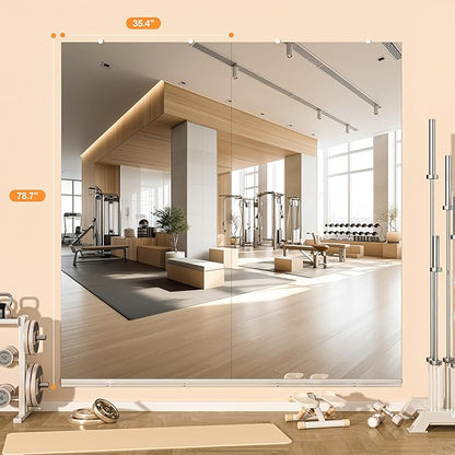 Hasipu Home Gym Mirror, 79"x36" Each, 1-Pack Frameless Wall Mounted Mirrors with Glass Clamps & Aluminum Rail, Large Body Mirror for Home Gym, Yoga Studio, Bedroom, Silver Tempered Glass