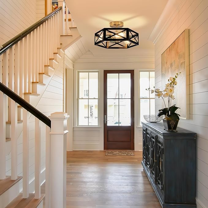 Kitchen Lighting Fixtures Ceiling, Farmhouse Flush Mount Ceiling Light Black and Gold Hallway Light Fixtures with 3 Lights Metal Cage for Hallway Hexagon Shade 14.5 in