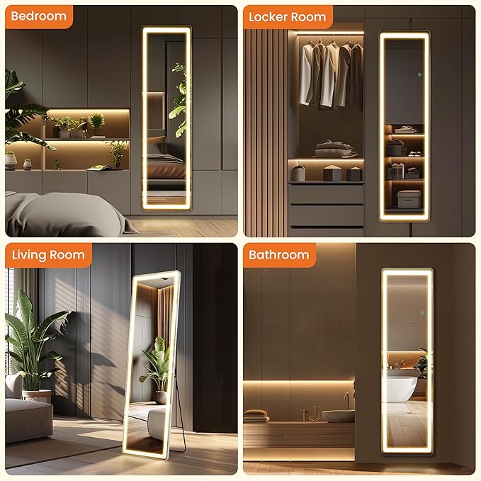Sweetcrispy Full Length Mirror with LED Lights, 60"x16" Lighted Floor Mirror with Dimming & 3 Color Lighting, Stand for Bedroom, Dressing Room, Rectangle