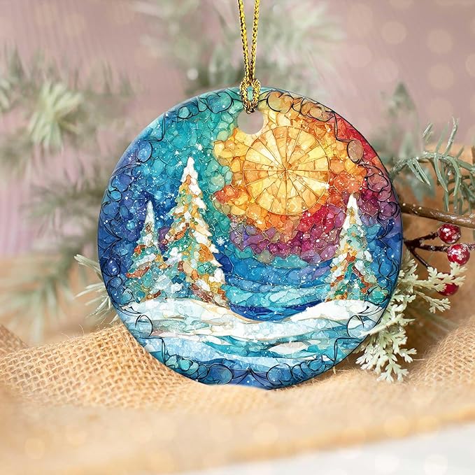 Happy Winter Ornaments Snow Pine Round Ceramic Stained Glass Style Hanging Ornament Christmas Keepsake Decor for Xmas Tree Winter Holiday Xmas Gift for Women Men 3"