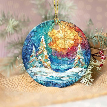 Happy Winter Ornaments Snow Pine Round Ceramic Stained Glass Style Hanging Ornament Christmas Keepsake Decor for Xmas Tree Winter Holiday Xmas Gift for Women Men 3"