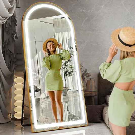 FENNIO Full Length Mirror with Lights, 70" x 32" LED Full Body Mirror, Arched Wall Mounted Hanging Mirror with Lights for Bedroom, Salon, 3 Color Lighting, Tempered Glass, Brushed Aluminum Frame