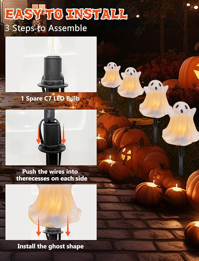 Halloween Pathway Lights Outdoor Decorations, 4PCS 3D Light-Up Ghost Garden Stake Lights, Waterproof Outdoor Lights for Yard, Lawn, Driveway, Halloween Decor