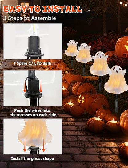 Halloween Pathway Lights Outdoor Decorations, 4PCS 3D Light-Up Ghost Garden Stake Lights, Waterproof Outdoor Lights for Yard, Lawn, Driveway, Halloween Decor