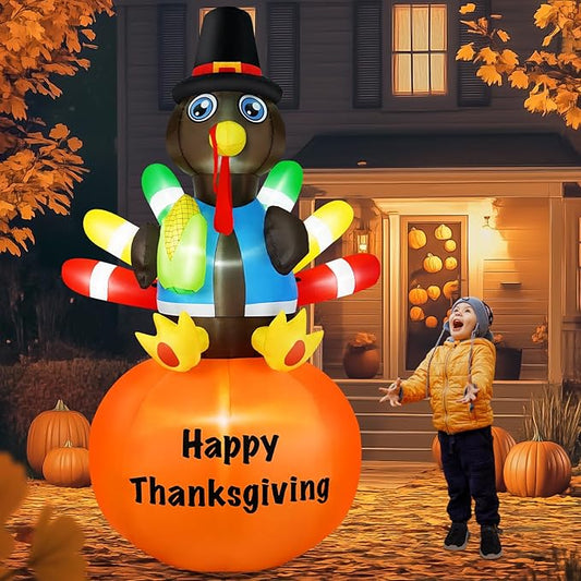 B&D 8FT Thanksgiving Inflatables Turkey Sitting on Pumpkin, Blow up Turkey Thanksgiving Decorations Outdoor Built-in LEDs Autumn Fall Harvest Decorations for Holiday Yard Lawn Garden Patio Decor